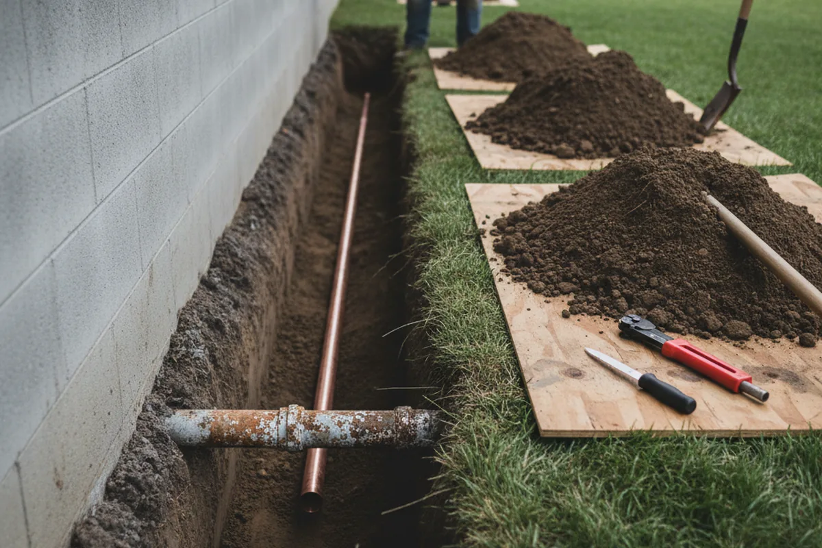 Excavated water line trench during Water Softener Installation in Bainbridge